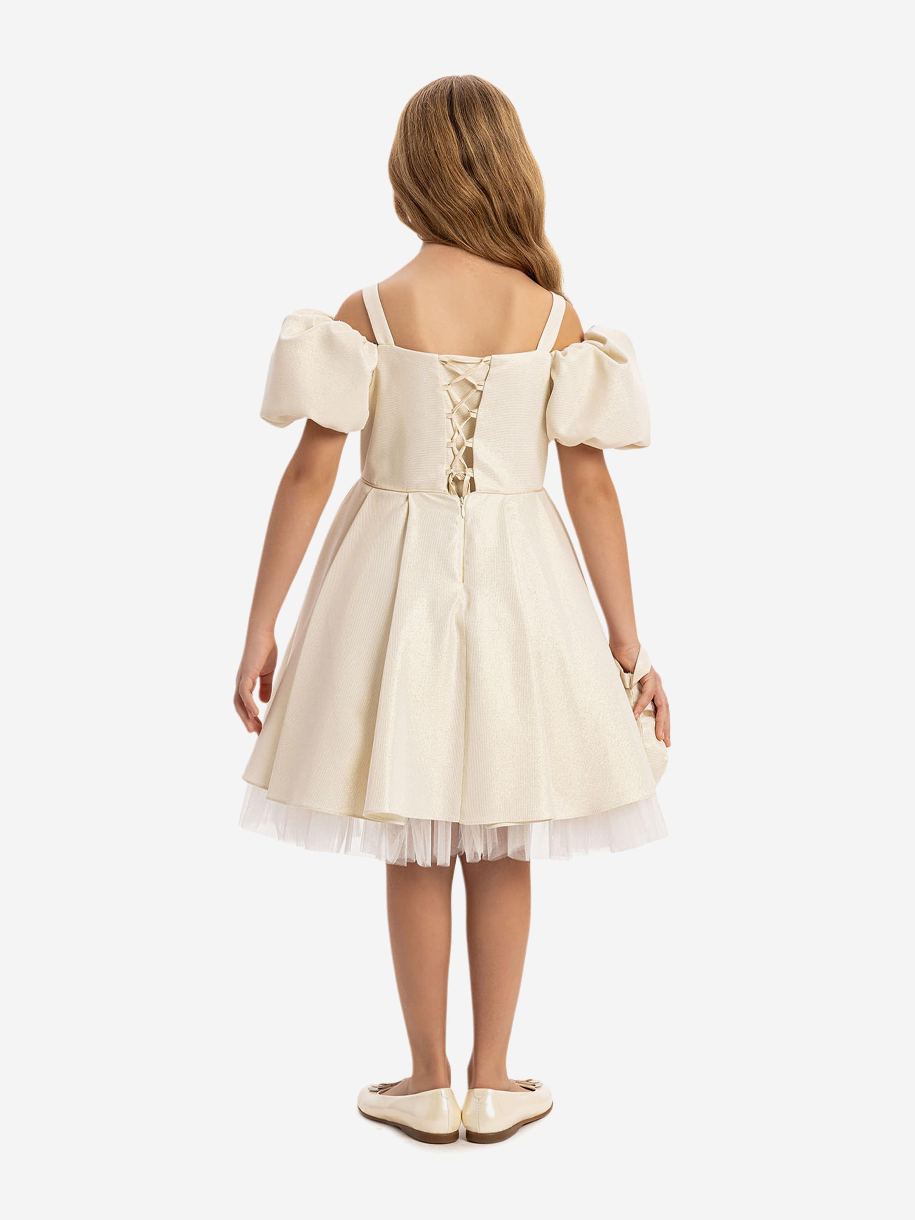 Dress & Fleur Girls Puff Sleeve Dress with Bag in Beige