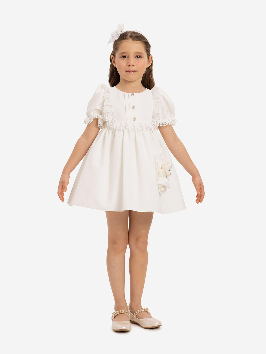 Dress & Fleur Baby Girls Dress Set with Teddy Bear in White