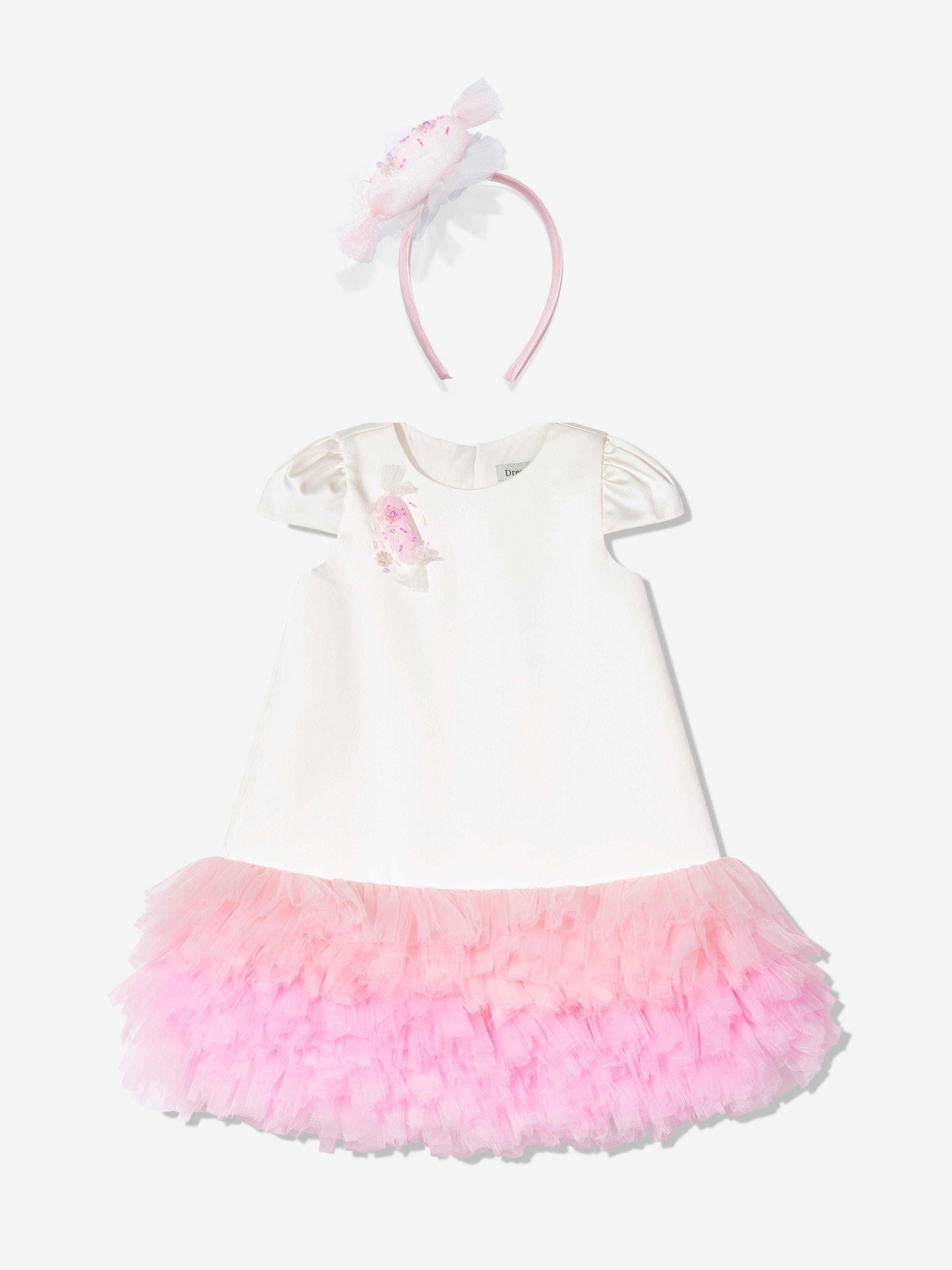Dress & Fleur Girls Tulle Trim Occasion Dress in Ivory