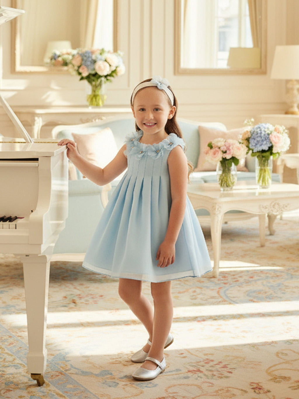 Dress & Fleur Baby Girls Occasion Dress with Headband in Blue